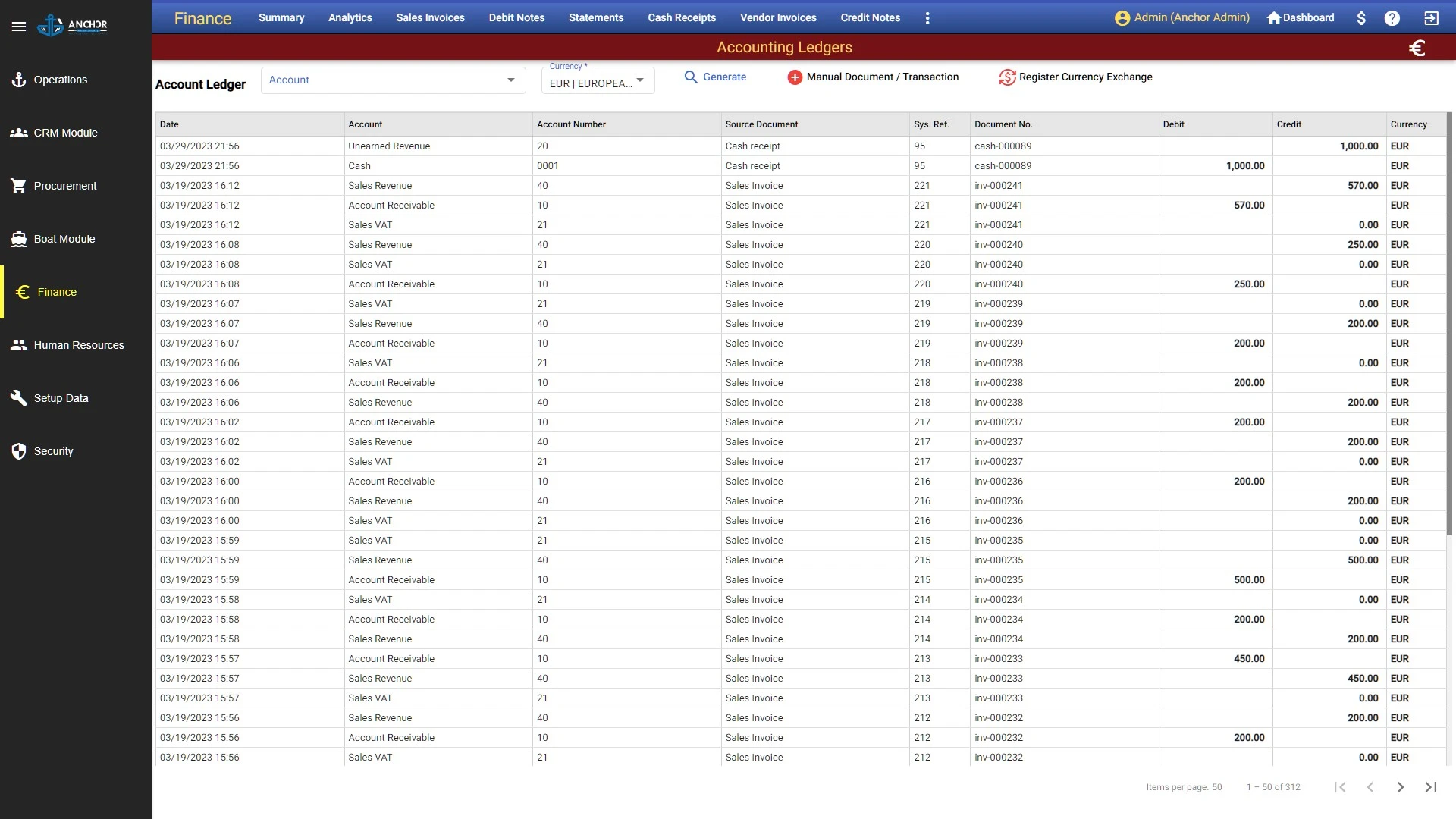 Anchor ultimate finance module account ledgers.