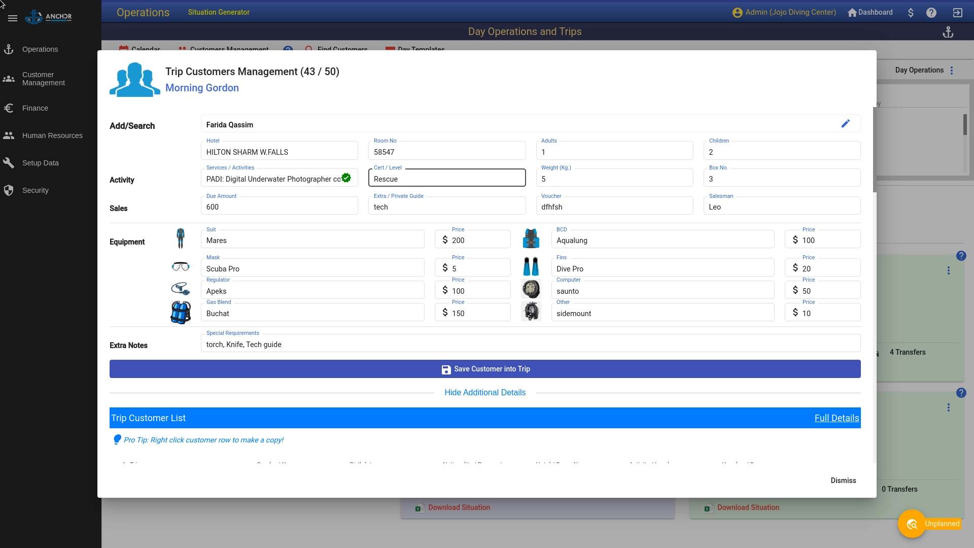 Anchor lite software customized for diving centers.